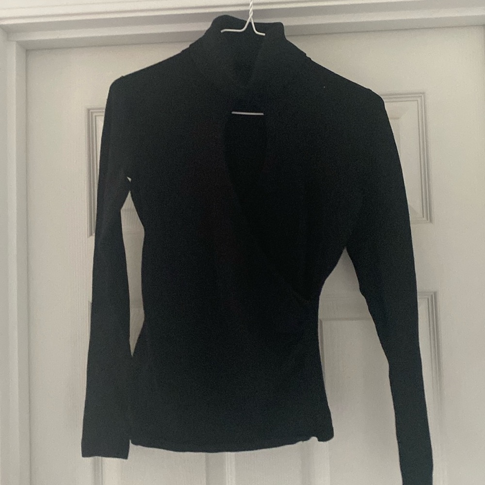 Cache black long sleeve dress shirt.  Criss cross opening in front.